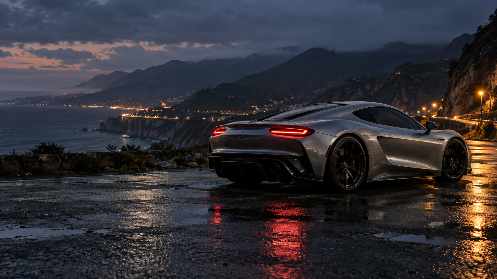 A sports car on a rain-soaked road under nighttime lighting